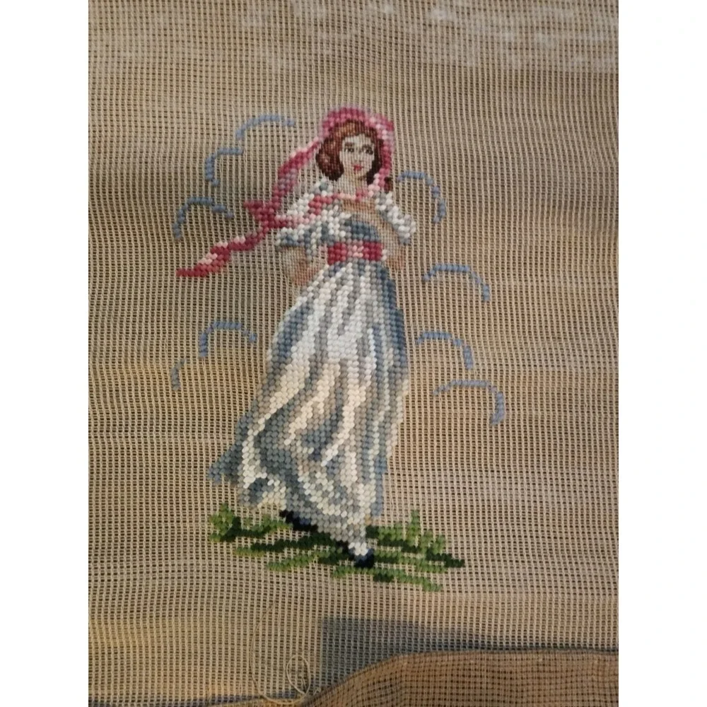Vintage Lot Of 3 French Finished Cross Stitch Tapestries Pinkie Crinoline Ladies
